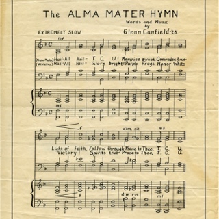 The yellowed manuscript of handwritten sheet music of the Ӱɴý Alma Mater Hymn, attributed to Glenn Canfield, 1928. 